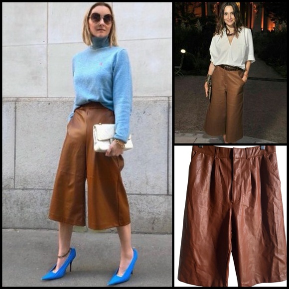Abercrombie & Fitch Faux Vegan Leather Brown High-Waisted Culotte Retro Pants L - Picture 1 of 14